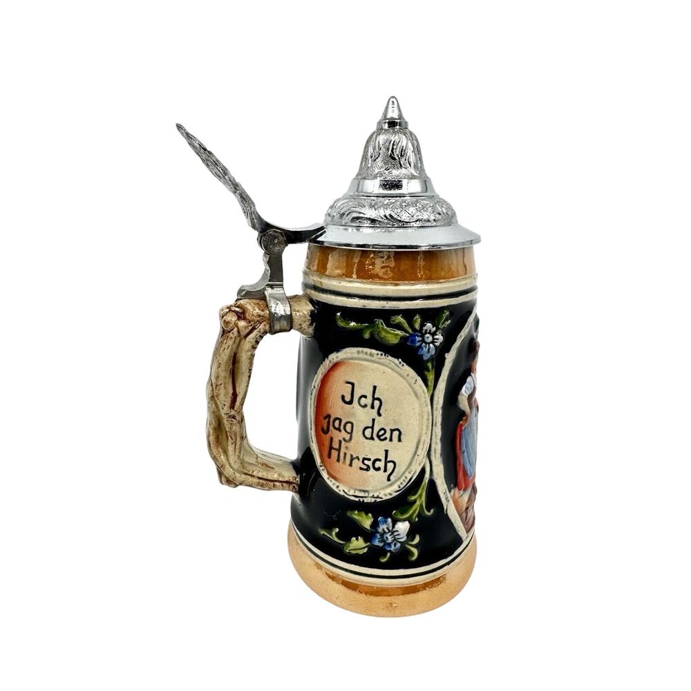 Vintage West Germany 1/4 Liter Beer Stein Ich Jag Den Hirsch Lidded 7in Tall